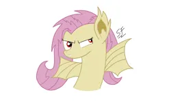 Size: 2736x1695 | Tagged: safe, artist:solemnfutury, derpibooru import, fluttershy, bat pony, pony, angry, bat ponified, eyeshadow, female, flutterbat, horn, image, killer instinct, makeup, mare, mlp fim's fourteenth anniversary, png, race swap, simple background, solo, white background, wings