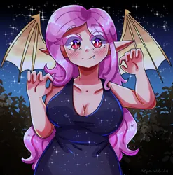 Size: 2857x2886 | Tagged: safe, artist:mylittleyuri, derpibooru import, fluttershy, bat pony, human, bat ponified, blushing, breasts, busty fluttershy, cleavage, clothes, cute, dress, elf ears, fangs, female, flutterbat, halloween, holiday, humanized, image, png, race swap, shyabates, shyabetes, solo, winged humanization, wings