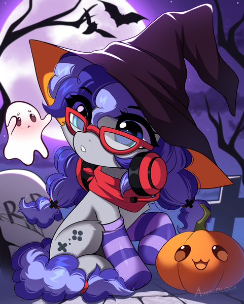 Size: 1406x1754 | Tagged: safe, artist:airiniblock, derpibooru import, oc, oc:cinnabyte, unofficial characters only, bat, earth pony, ghost, pony, undead, unicorn, g4, clothes, commission, cute, earth pony oc, gravestone, halloween, headphones, headset, holiday, horn, image, moon, outdoors, png, pumpkin, raffle, sky, socks, solo, striped socks, tree, ych result