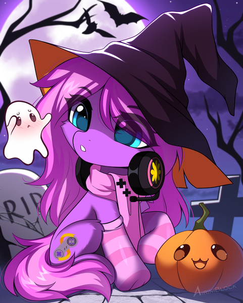 Size: 1406x1754 | Tagged: safe, artist:airiniblock, derpibooru import, oc, oc:lillybit, unofficial characters only, bat, earth pony, ghost, pony, undead, unicorn, clothes, commission, cute, earth pony oc, gravestone, halloween, headphones, headset, holiday, horn, image, moon, outdoors, png, pumpkin, raffle, sky, socks, solo, striped socks, tree, ych result