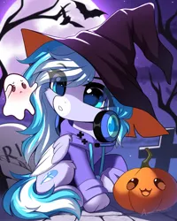 Size: 1406x1754 | Tagged: safe, artist:airiniblock, derpibooru import, oc, oc:skydrive, unofficial characters only, bat, earth pony, ghost, pegasus, pony, undead, unicorn, clothes, commission, cute, earth pony oc, gravestone, halloween, headphones, headset, holiday, horn, image, moon, outdoors, pegasus oc, png, pumpkin, raffle, sky, socks, solo, striped socks, tree, wings, ych result