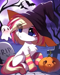 Size: 1406x1754 | Tagged: safe, artist:airiniblock, derpibooru import, oc, unofficial characters only, bat, earth pony, ghost, pegasus, pony, undead, unicorn, clothes, commission, cute, earth pony oc, gravestone, halloween, headphones, headset, holiday, horn, image, moon, outdoors, pegasus oc, png, pumpkin, raffle, sky, socks, solo, striped socks, tree, wings, ych result