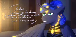 Size: 5008x2480 | Tagged: safe, artist:sinrinf, derpibooru import, princess luna, alicorn, pony, arcane, clothes, comic, costume, gold, image, jewelry, mlp fim's fourteenth anniversary, nightmare night, nightmare night costume, png, speech bubble