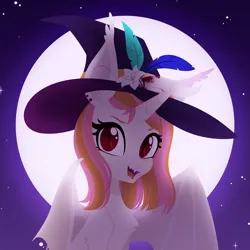 Size: 2098x2097 | Tagged: semi-grimdark, artist:belka-sempai, derpibooru import, oc, oc:belka, unofficial characters only, bat pony, pony, unicorn, blood, cute, halloween, hat, holiday, horn, image, moon, png, solo, teeth