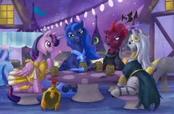 Size: 2500x1649 | Tagged: safe, artist:eltanin14d, derpibooru import, fizzlepop berrytwist, princess luna, tempest shadow, twilight sparkle, twilight sparkle (alicorn), zecora, alicorn, pony, g4, armor, athena sparkle, clothes, costume, derpibooru exclusive, female, image, jpeg, mlp fim's fourteenth anniversary, mushroom table, night, nightmare night, nightmare night costume, ponyville