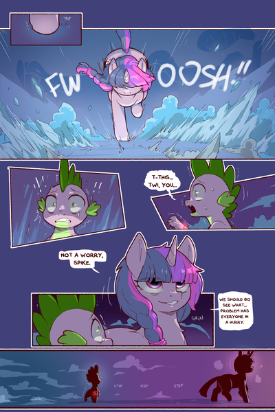 Size: 960x1440 | Tagged: safe, alternate version, derpibooru import, spike, twilight sparkle, cold blooded twilight, comic:cold storm, comic, dialogue, fangs, glow, glowing eyes, ice, image, magic, png, speech bubble