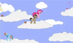 Size: 1252x750 | Tagged: safe, derpibooru import, derpy hooves, doctor whooves, pinkie pie, rainbow dash, time turner, earth pony, pegasus, g4, cloud, collect cupcakes lick ponies, cupcake, female, flash game, food, image, jpeg, male, youtube link