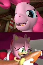 Size: 1333x2000 | Tagged: suggestive, artist:docteurcinematicstudio, artist:mothra72, derpibooru import, pinkie pie, pony, 3d, amy rose, female, fetish, giant pony, giantess, image, imminent vore, macro, macro/micro, open mouth, open smile, png, scared, smiling, sonic the hedgehog (series), source filmmaker, sugarcube corner, tongue play, vore