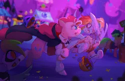 Size: 4096x2648 | Tagged: safe, artist:piesinful, derpibooru import, applejack, pinkie pie, rainbow dash, earth pony, pegasus, pony, g4, bucket, candy, clothes, costume, duo focus, eye clipping through hair, fake blood, female, food, grin, halloween, halloween costume, holiday, image, jpeg, looking at each other, looking at someone, mare, night, nightmare night, nightmare night costume, open mouth, open smile, outdoors, pirate costume, ponyville, prehensile mane, smiling, smiling at each other, vampire costume