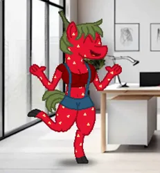 Size: 478x518 | Tagged: safe, artist:shrimpbucket, derpibooru import, oc, oc:poom, ponified, unofficial characters only, anthro, food pony, original species, pony, unguligrade anthro, clothes, desk, eyes closed, food, happy, image, lamp, office, open mouth, png, raised leg, shirt, strawberry, suspenders, window