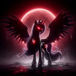 Size: 1024x1024 | Tagged: safe, ai content, alternate version, derpibooru import, machine learning generated, princess luna, alicorn, pony, undead, vampire, vampony, g4, dark, ears, ears up, evil, female, generator:dall-e 3, horn, image, jewelry, jpeg, magic, magic aura, moon, night, prompter:rektpay, red eyes, red light, regalia, serious, solo, solo female, spread wings, standing, wings