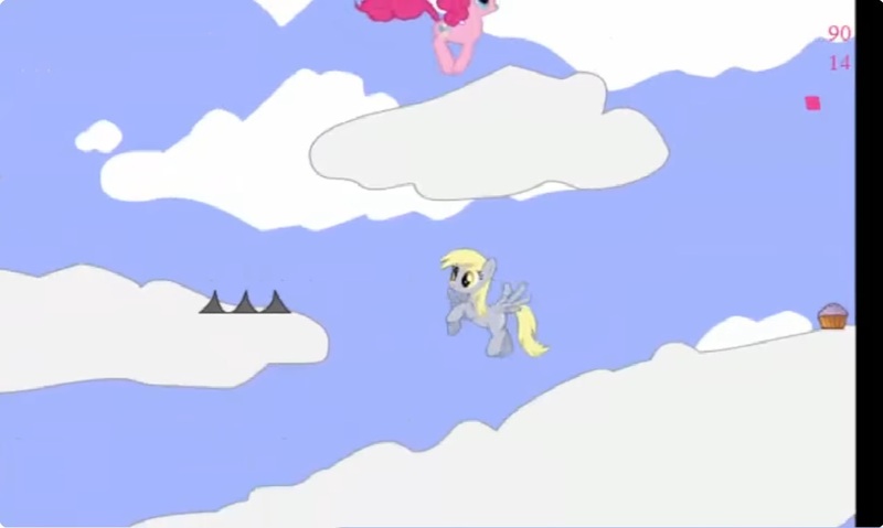 Size: 1252x750 | Tagged: safe, derpibooru import, derpy hooves, pinkie pie, earth pony, pegasus, g4, cloud, collect cupcakes lick ponies, cupcake, female, flash game, food, image, jpeg, jumping, youtube link