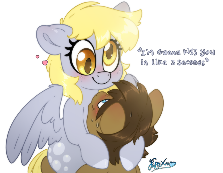 Size: 4500x3500 | Tagged: safe, artist:fluffyxai, derpibooru import, derpy hooves, oc, oc:spirit wind, earth pony, pegasus, pony, g4, blushing, canon x oc, cuddling, cute, female, happy, image, looking at each other, looking at someone, love, male, mare, png, ship, shipping, smiling, stallion