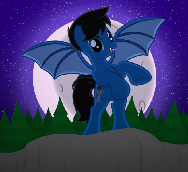 Size: 7200x6600 | Tagged: safe, artist:agkandphotomaker2000, derpibooru import, oc, oc:pony video maker, unofficial characters only, bat pony, pegasus, pony, g4, bat wings, bipedal, cliff, complex background, fangs, forest, halloween, halloween 2024, holiday, image, leaning, looking at you, moon, nature, night, nightmare night, pegasus oc, pine tree, png, show accurate, solo, tree, wings