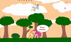 Size: 1252x750 | Tagged: safe, derpibooru import, applejack, derpy hooves, pinkie pie, earth pony, pegasus, g4, cloud, collect cupcakes lick ponies, dialogue, female, flash game, image, jpeg, lesbian, ship:applepie, shipping, tree, youtube link