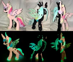 Size: 1280x1089 | Tagged: safe, artist:crazyditty, derpibooru import, princess cadance, queen chrysalis, alicorn, changeling, changeling queen, pony, g4, disguise, disguised changeling, female, glow-in-the-dark, image, irl, jewelry, jpeg, photo, plushie, regalia