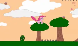 Size: 1252x750 | Tagged: safe, derpibooru import, pinkie pie, g4, cloud, collect cupcakes lick ponies, cupcake, female, flash game, food, image, jpeg, solo, tree, youtube link