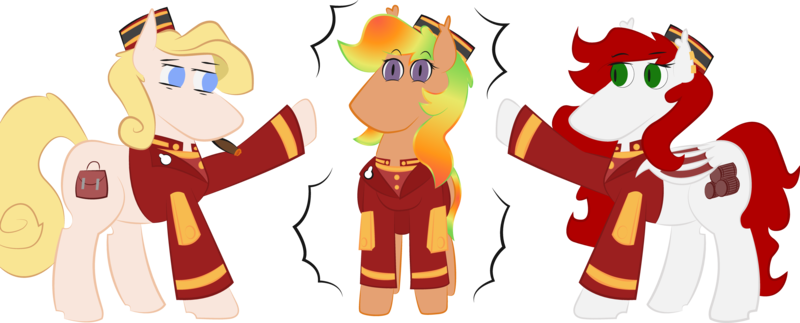 Size: 4426x1788 | Tagged: safe, artist:otl crafts, derpibooru import, oc, oc:belle hop, oc:mangoes, oc:sarsaparilla surprise, unofficial characters only, bat pony, earth pony, pony, /mlptg/ the bannermanes, bat pony oc, bat wings, bellhop pony, chubby, earth pony oc, fat, gradient mane, happy, image, png, presenting, simple background, transparent background, vector, vector trace, wings