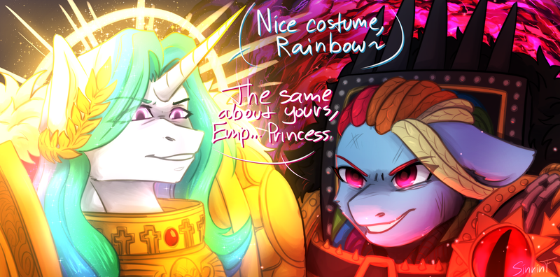 Size: 5008x2480 | Tagged: safe, artist:sinrinf, derpibooru import, princess celestia, rainbow dash, alicorn, pegasus, pony, clothes, comic, costume, image, mlp fim's fourteenth anniversary, nightmare night, nightmare night costume, png, speech bubble, warhammer (game), warhammer 40k