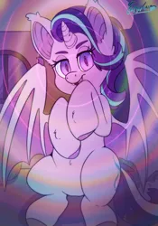 Size: 3500x5000 | Tagged: safe, artist:fluffyxai, derpibooru import, starlight glimmer, bat pony, g4, bedroom eyes, fetish, hypnosis, hypnosis fetish, image, looking at you, nightmare night, png, smiling, smirk, solo, species swap