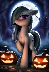 Size: 832x1216 | Tagged: safe, ai content, anonymous prompter, derpibooru import, machine learning generated, novelai, stable diffusion, marble pie, bat, earth pony, pony, g4, blushing, ear fluff, female, floppy ears, fog, full moon, grass, halloween, holiday, image, jack-o-lantern, looking at you, looking down, looking down at you, mare, messy hair, messy mane, messy tail, moon, night, outdoors, png, pumpkin, raised hoof, rock, smiling, smiling at you, solo, standing, tail, tree branch