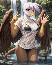 Size: 1200x1496 | Tagged: suggestive, ai content, derpibooru import, machine learning generated, prompter:pzkratzer, gilda, anthro, gryphon, g4, adorasexy, belly, belly button, bikini, clothes, cute, female, gesture, image, looking at you, png, see-through, sexy, shirt, solo, solo female, submerged, swimsuit, t-shirt, water, waterfall, wet