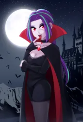 Size: 822x1200 | Tagged: safe, artist:riouku, derpibooru import, aria blaze, bat, undead, vampire, equestria girls, g4, alternate hairstyle, bedroom eyes, blood, castle, choker, clothes, coat, costume, dress, eyeshadow, fangs, female, full moon, halloween, halloween costume, holiday, image, makeup, moon, nail polish, open mouth, png, skirt, socks, solo, stockings, thigh highs, tongue out