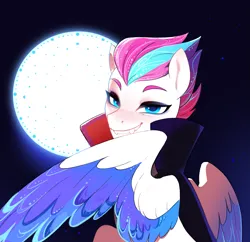 Size: 2113x2048 | Tagged: safe, artist:aztrial, derpibooru import, zipp storm, pegasus, pony, g5, blushing, cape, clothes, coat, costume, count zippula, fake fangs, fangs, female, full moon, grin, image, mare, moon, night, nightmare night costume, png, smiling, solo, unitober 2024, vampire costume