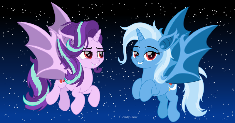 Size: 3435x1800 | Tagged: safe, artist:cloudy glow, derpibooru import, starlight glimmer, trixie, bat pony, pony, g4, bat ponified, duo, duo female, female, glimbat, horn, image, lesbian, night, nightmare night, png, race swap, shipping, stars, startrix, trixiebat, vector, wings