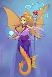 Size: 1752x2600 | Tagged: safe, artist:yelloastra, derpibooru import, part of a set, adagio dazzle, anthro, siren, g4, big breasts, bioluminescent, breasts, bubble, cleavage, clothes, dorsal fin, dress, female, fin, fin ears, fin wings, fins, fish tail, flowing mane, flowing tail, high res, huge breasts, image, lidded eyes, looking at you, magic, ocean, png, scales, smiling, smiling at you, solo, spread wings, staff, swimming, tail, underwater, water, wings