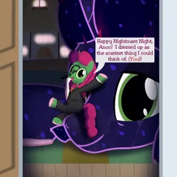 Size: 2000x2000 | Tagged: safe, artist:mightyshockwave, derpibooru import, tantabus, oc, oc:anon, oc:gloomy, oc:marker pony, unofficial characters only, pony, g4, 4chan, clothes, costume, giant pony, image, macro, nightmare night, png