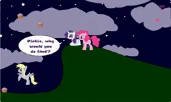 Size: 1252x750 | Tagged: safe, derpibooru import, derpy hooves, pinkie pie, rarity, earth pony, pegasus, unicorn, g4, blushing, cloud, collect cupcakes lick ponies, cupcake, dialogue, female, flash game, food, horn, image, jpeg, lesbian, night, ship:raripie, shipping, youtube link