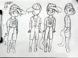 Size: 2427x1800 | Tagged: safe, artist:juninhooficial, derpibooru import, oc, oc:juninho, unofficial characters only, anthro, earth pony, pony, cap, character design, child, clothes, colt, foal, happy, hat, image, jpeg, male, overalls, smiling