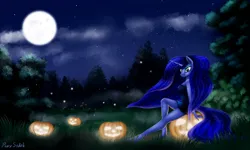 Size: 10000x6000 | Tagged: suggestive, artist:pony-stark, derpibooru import, princess luna, alicorn, anthro, clothes, dress, image, minidress, nightmare night, png, pumpkin, sitting, solo