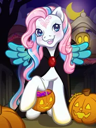 Size: 1800x2400 | Tagged: safe, artist:sparkytopia, derpibooru import, star catcher, pegasus, pony, g3, candy, cape, clothes, colored wings, commission, costume, facial markings, fangs, female, food, halloween, halloween costume, holiday, image, jack-o-lantern, looking at you, mare, night, open mouth, open smile, outdoors, png, pumpkin, signature, smiling, solo, spread wings, vampire costume, wings, ych example, your character here