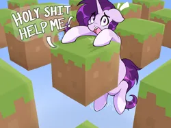 Size: 4566x3408 | Tagged: safe, artist:czu, derpibooru import, oc, oc:czupone, pony, unicorn, block, dialogue, dirt, emanata, grass, hanging, help, horn, image, meme, minecraft, open mouth, png, solo, vulgar