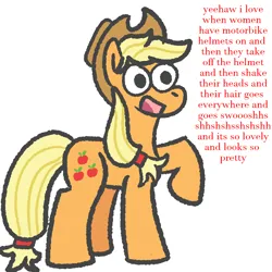 Size: 1000x1000 | Tagged: safe, artist:zoeyhorse, derpibooru import, applejack, earth pony, pony, g4, dialogue, female, image, mare, open mouth, open smile, png, raised hoof, smiling, solo, yeehaw