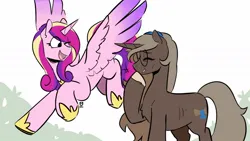 Size: 1200x675 | Tagged: safe, artist:redxbacon, derpibooru import, princess cadance, oc, oc:parch well, alicorn, pony, unicorn, flying, horn, image, jpeg, laughing, ponytober, ponytober 2024, raised hoof, simple background