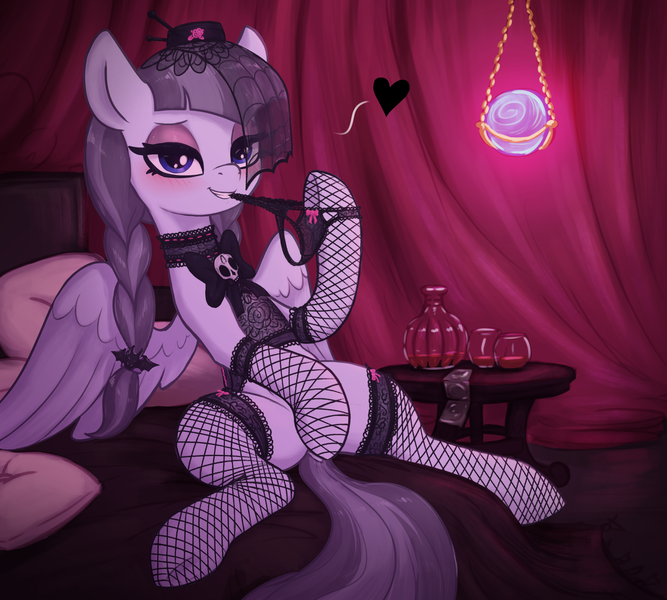 Size: 3000x2700 | Tagged: suggestive, artist:t72b, derpibooru import, inky rose, pegasus, pony, art pack:the bridle bliss catalogue, g4, alcohol, bed, bedroom eyes, biting, blushing, bow, choker, clothes, condoms, covering, covering crotch, female, fishnet clothing, fishnets, glass, goth, hair bow, hat, image, indoors, inviting, lace underwear, lingerie, looking at you, mare, mouth hold, on bed, panties, pillow, png, see-through, sitting, skull, socks, solo, solo female, spread legs, spread wings, spreading, stockings, table, thigh highs, underwear, veil, wine, wings