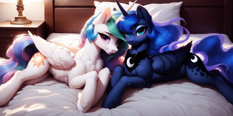 Size: 2048x1024 | Tagged: safe, ai content, anonymous prompter, derpibooru import, machine learning generated, princess celestia, princess luna, alicorn, pony, g4, bed, chest fluff, cute, cutelestia, duo, duo female, ear fluff, female, fluffy, image, indoors, lunabetes, lying down, png, prone