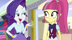 Size: 1280x718 | Tagged: safe, derpibooru import, screencap, rarity, sour sweet, human, equestria girls, g4, belt, clothes, crystal prep academy uniform, duo, duo female, equestria girls specials, female, hand on hip, image, jpeg, my little pony equestria girls: dance magic, school uniform, shirt, skirt