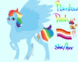 Size: 1000x800 | Tagged: safe, artist:satyrsong99, derpibooru import, rainbow dash, 2024, blue background, character name, image, lesbian pride flag, looking at you, png, pride, pride flag, signature, simple background, solo