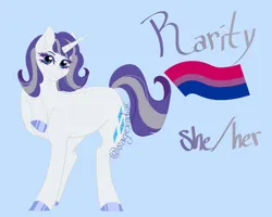 Size: 1000x800 | Tagged: safe, artist:satyrsong99, derpibooru import, rarity, pony, unicorn, blue background, horn, image, jpeg, pride flag, pronouns, simple background, solo