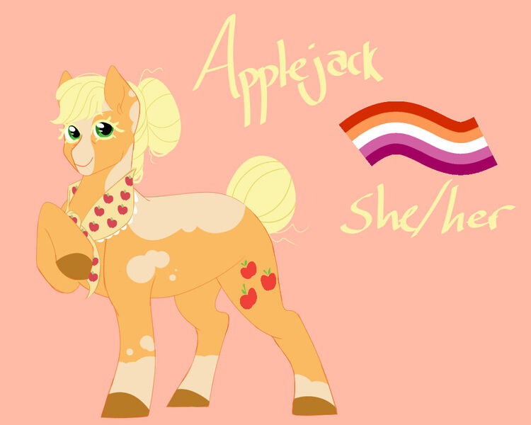 Size: 1000x800 | Tagged: safe, artist:satyrsong99, derpibooru import, applejack, earth pony, pony, image, jpeg, lesbian pride flag, pride, pride flag, pronouns, solo, transbian pride flag