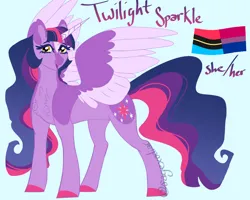 Size: 1000x800 | Tagged: safe, artist:satyrsong99, derpibooru import, twilight sparkle, alicorn, pony, blue background, image, jpeg, pride flag, pronouns, simple background, solo