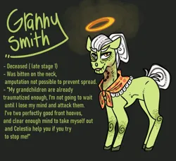 Size: 1965x1792 | Tagged: semi-grimdark, artist:ruusukultakruunu, derpibooru import, granny smith, earth pony, ghost, pony, undead, g4, bite mark, bun, clothes, dead, elderly, female, granny smith's shawl, green coat, halo, image, implied apple bloom, implied applejack, implied big macintosh, implied death, implied decapitation, implied suicide, infected, infection au, missing cutie mark, orange eyes, png, scarf, white mane