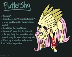 Size: 2500x2000 | Tagged: semi-grimdark, artist:ruusukultakruunu, derpibooru import, fluttershy, pegasus, pony, g4, bite mark, blue eyes, bracelet, colored wings, female, friendship bracelet, image, implied discord, implied mane six, implied twilight sparkle, infection au, jewelry, missing cutie mark, pink mane, png, wings, yellow coat