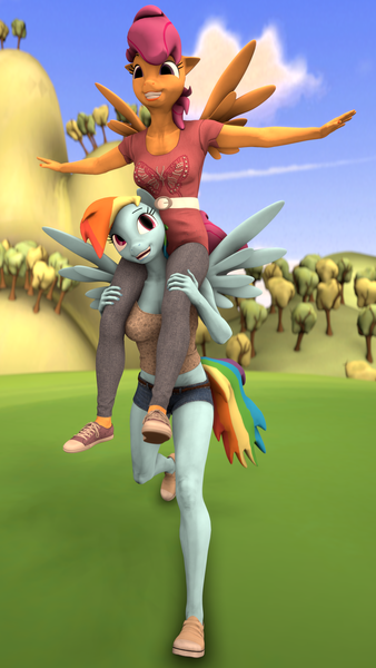 Size: 2160x3840 | Tagged: safe, artist:~stuffguy123, derpibooru import, rainbow dash, scootaloo, anthro, plantigrade anthro, 3d, arms in the air, clothes, cloud, duo, female, field, happy, hill, image, older, piggyback ride, png, running, source filmmaker, spread wings, tree, wings