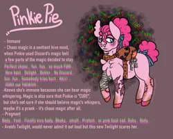 Size: 3000x2400 | Tagged: semi-grimdark, artist:ruusukultakruunu, derpibooru import, pinkie pie, earth pony, pony, g4, bag, bandage, bite mark, blue eyes, bow, chaos magic, chest fluff, female, hair bow, image, implied discord, infection au, key, missing cutie mark, pink coat, pink mane, png, ponytail, poofy mane, saddle bag, voices