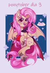 Size: 1984x2880 | Tagged: safe, artist:zackchibi, derpibooru import, fluttershy, bat pony, pony, undead, vampire, apple, bat ponified, bat wings, cape, clothes, fangs, female, flutterbat, flying, food, image, mare, open mouth, png, race swap, signature, solo, unshorn fetlocks, wings